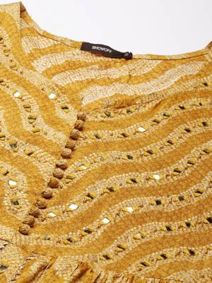 women's round neck bandhani foil print mustard anarkali kurta and trouser with dupatta 3