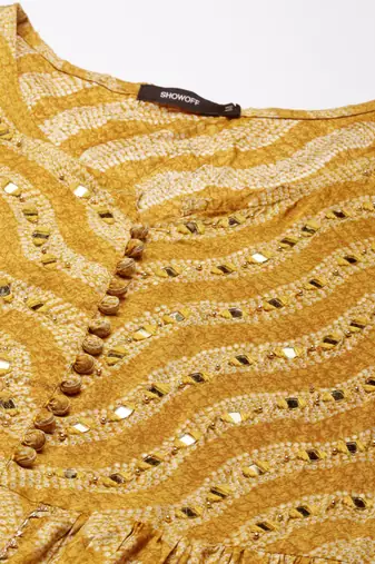 women's round neck bandhani foil print mustard anarkali kurta and trouser with dupatta