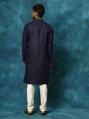 Men'S Navy And Cream Cotton Blend Kurta Pyjama Set 3