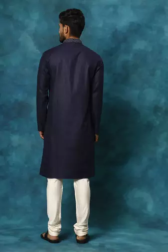 Men'S Navy And Cream Cotton Blend Kurta Pyjama Set