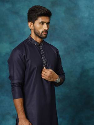 Men'S Navy And Cream Cotton Blend Kurta Pyjama Set 4