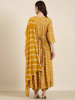 women's round neck bandhani foil print mustard anarkali kurta and trouser with dupatta 4