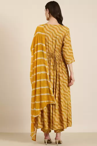 women's round neck bandhani foil print mustard anarkali kurta and trouser with dupatta