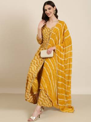 women's round neck bandhani foil print mustard anarkali kurta and trouser with dupatta 5