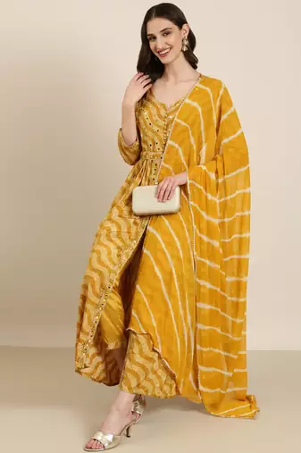 women's round neck bandhani foil print mustard anarkali kurta and trouser with dupatta