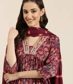 women's v-neck floral foil print magenta a-line kurta and trouser with dupatta