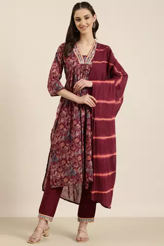women's v-neck floral foil print magenta a-line kurta and trouser with dupatta