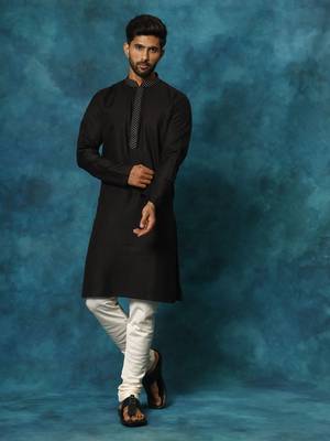 Black And Cream Cotton Blend Kurta Pyjama Set 1