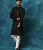 Black And Cream Cotton Blend Kurta Pyjama Set
