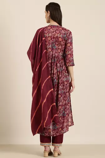 women's v-neck floral foil print magenta a-line kurta and trouser with dupatta