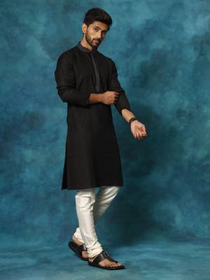 Black And Cream Cotton Blend Kurta Pyjama Set 2