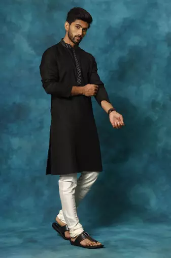 Black And Cream Cotton Blend Kurta Pyjama Set