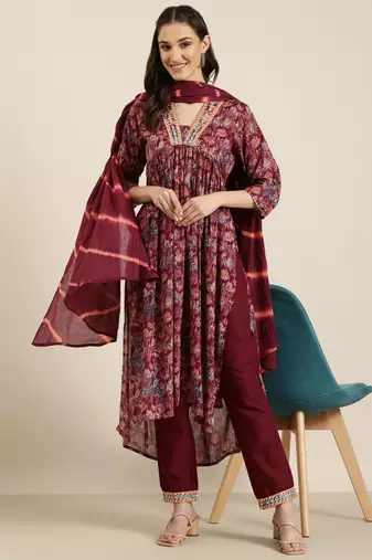 women's v-neck floral foil print magenta a-line kurta and trouser with dupatta