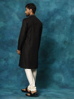 Black And Cream Cotton Blend Kurta Pyjama Set 3