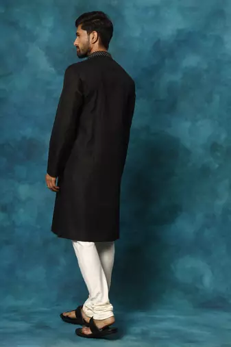 Black And Cream Cotton Blend Kurta Pyjama Set