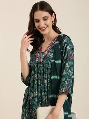 women's v-neck floral foil print teal a-line kurta and trouser with dupatta 1