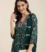 women's v-neck floral foil print teal a-line kurta and trouser with dupatta
