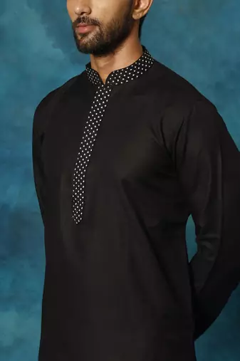Black And Cream Cotton Blend Kurta Pyjama Set