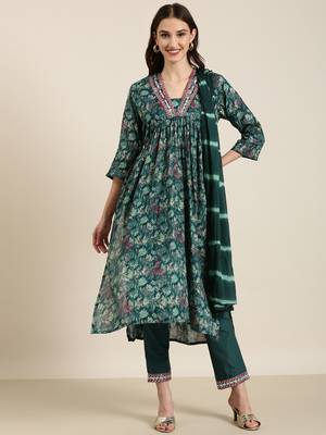 women's v-neck floral foil print teal a-line kurta and trouser with dupatta 2