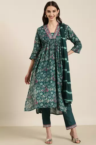 women's v-neck floral foil print teal a-line kurta and trouser with dupatta