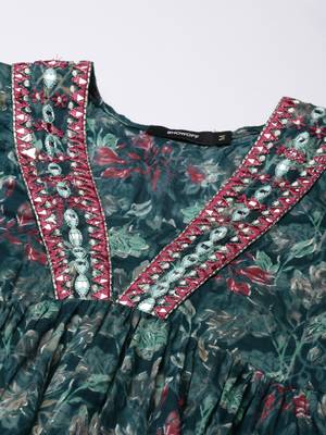 women's v-neck floral foil print teal a-line kurta and trouser with dupatta 3