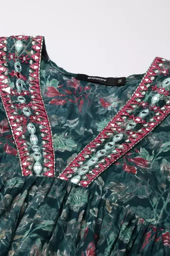 women's v-neck floral foil print teal a-line kurta and trouser with dupatta