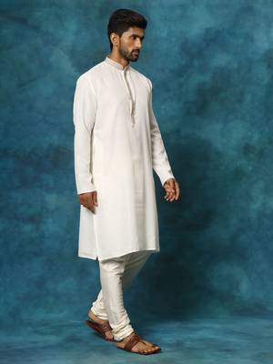 Cream And Cream Cotton Blend Kurta Pyjama Set 2