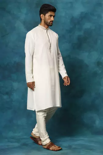Cream And Cream Cotton Blend Kurta Pyjama Set