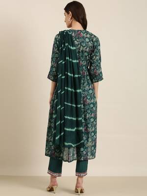women's v-neck floral foil print teal a-line kurta and trouser with dupatta 4