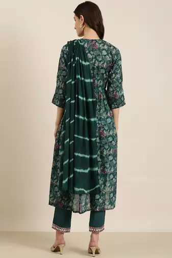women's v-neck floral foil print teal a-line kurta and trouser with dupatta