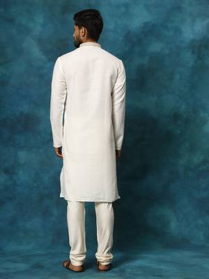 Cream And Cream Cotton Blend Kurta Pyjama Set 3