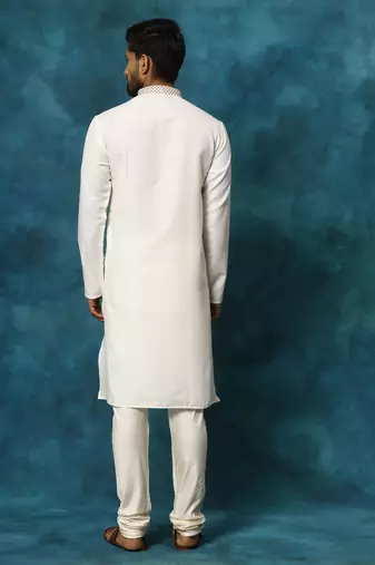 Cream And Cream Cotton Blend Kurta Pyjama Set