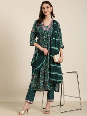 women's v-neck floral foil print teal a-line kurta and trouser with dupatta 5