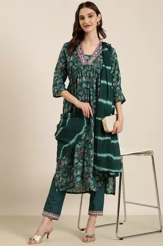 women's v-neck floral foil print teal a-line kurta and trouser with dupatta