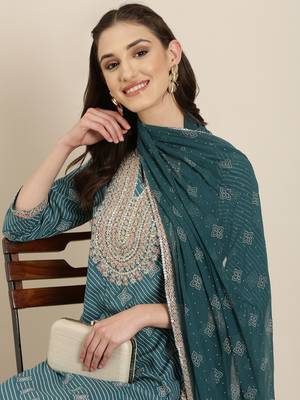 women's round neck ethnic motifs zari teal straight kurta and sharara with dupatta 1