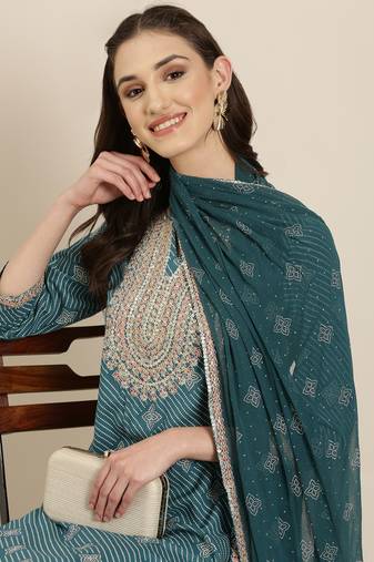 women's round neck ethnic motifs zari teal straight kurta and sharara with dupatta