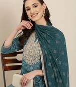 women's round neck ethnic motifs zari teal straight kurta and sharara with dupatta