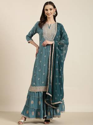 women's round neck ethnic motifs zari teal straight kurta and sharara with dupatta 2