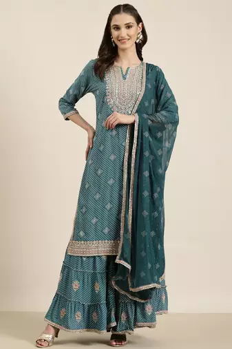 women's round neck ethnic motifs zari teal straight kurta and sharara with dupatta