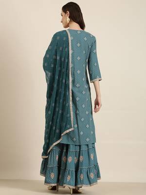 women's round neck ethnic motifs zari teal straight kurta and sharara with dupatta 4