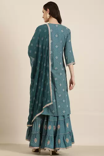 women's round neck ethnic motifs zari teal straight kurta and sharara with dupatta
