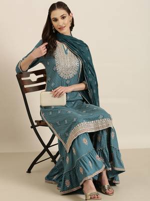 women's round neck ethnic motifs zari teal straight kurta and sharara with dupatta 5