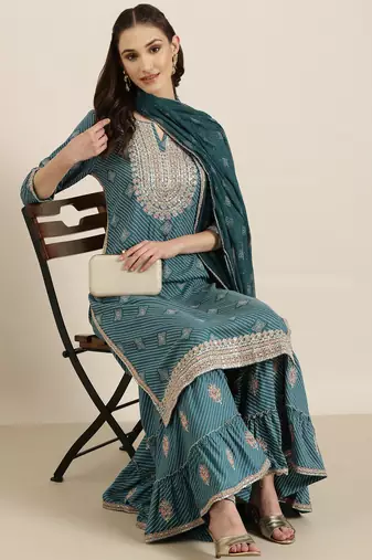 women's round neck ethnic motifs zari teal straight kurta and sharara with dupatta
