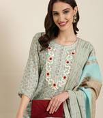women's round neck floral foil print blue straight kurta and trouser with dupatta