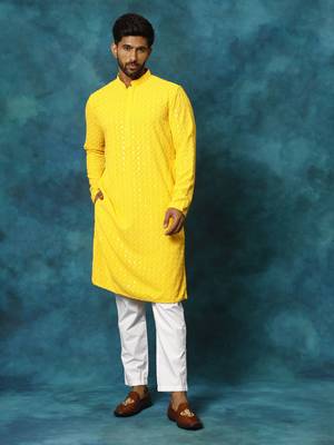 Yellow And White Rayon Cotton Kurta Pyjama Set 1