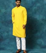 Men'S Yellow And White Rayon Cotton Kurta Pyjama Set
