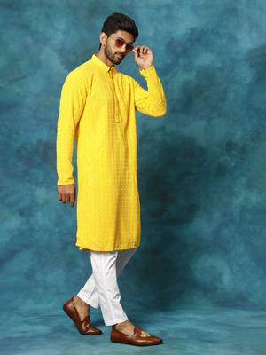 Yellow And White Rayon Cotton Kurta Pyjama Set 2