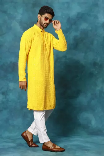 Yellow And White Rayon Cotton Kurta Pyjama Set