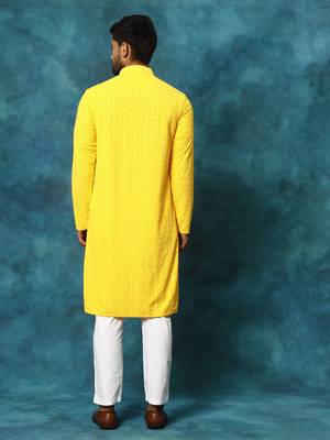 Yellow And White Rayon Cotton Kurta Pyjama Set 3