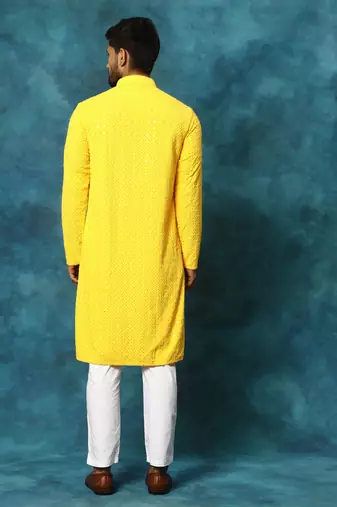 Yellow And White Rayon Cotton Kurta Pyjama Set